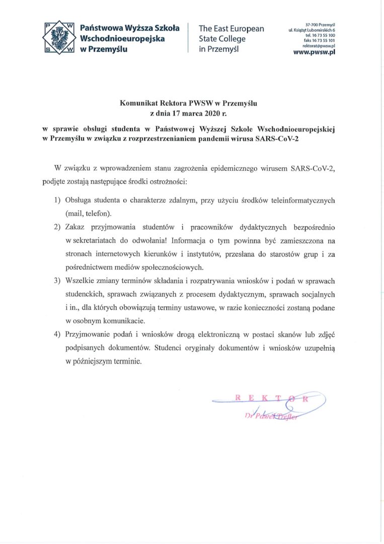 Komunikat Rektora PANS w Przemyślu z dnia 17 marca 2020 r.