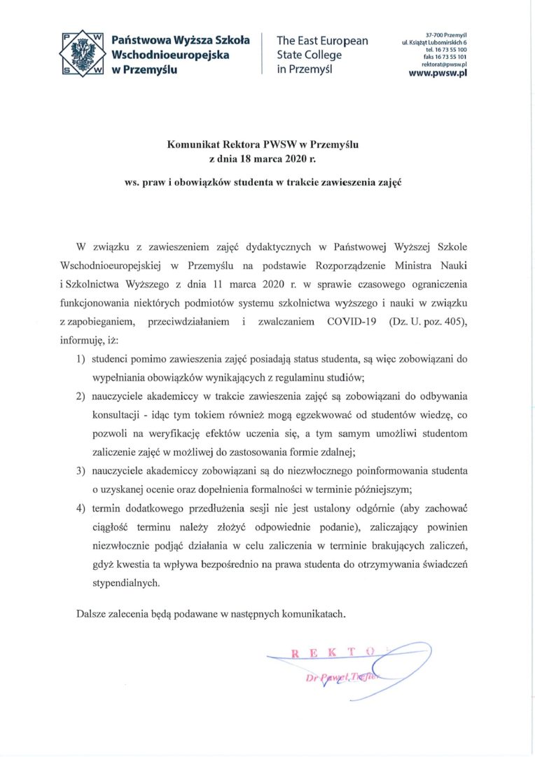 Komunikat Rektora PANS w Przemyślu z dnia 18 marca 2020 r.