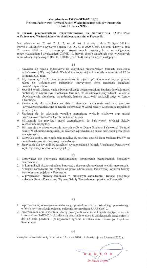 Zarządzenie Rektora PANS ws. przeciwdziałania rozprzestrzeniania się koronawirusa SARS-CoV-2 w PANS w Przemyślu
