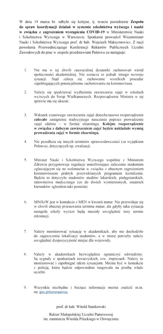Sprawozdanie z prac zespołu do spraw koordynacji działań w systemie szkolnictwa wyższego i nauki w związku z zagrożeniem wystąpienia COVID-19