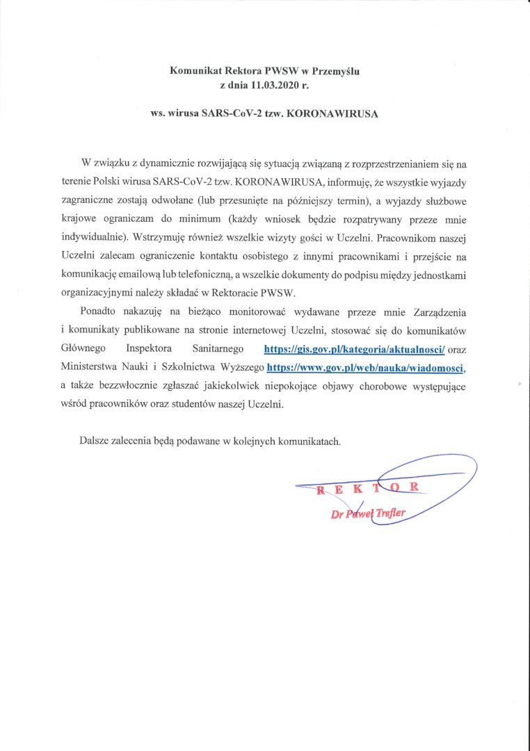 Komunikat Rektora PANS w Przemyślu z dnia 11.03.2020 r. ws. wirusa SARS-CoV-2 tzw. KORONAWIRUSA
