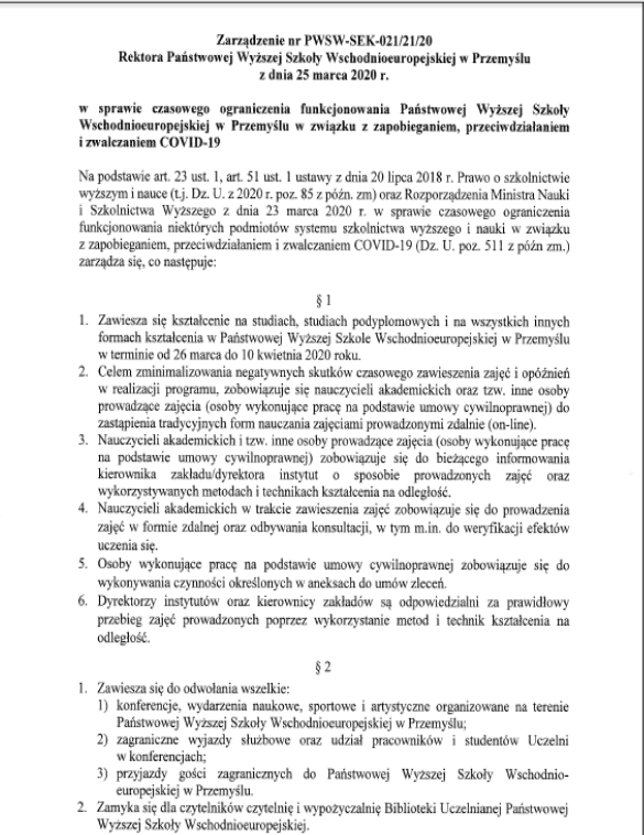 Zarządzenie Rektora PANS ws. czasowego ograniczenia funkcjonowania uczelni