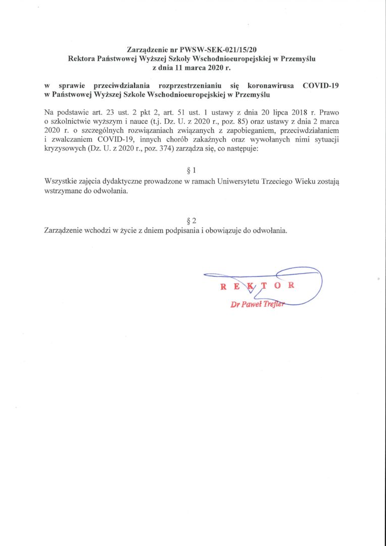 Zarządzenie Rektora PANS ws. odwołania zajęć Uniwersytetu Trzeciego Wieku