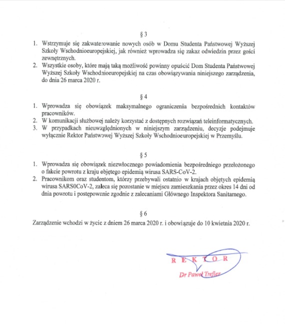 Zarządzenie Rektora PANS ws. czasowego ograniczenia funkcjonowania uczelni