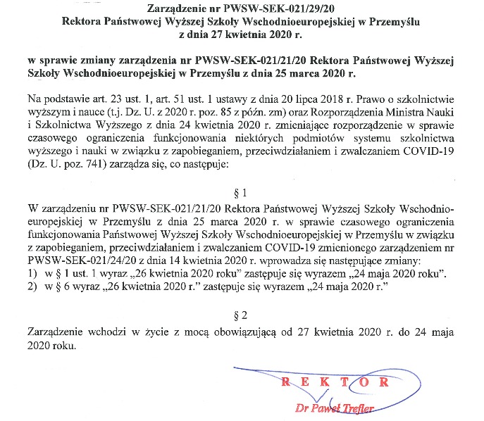 Zarządzenie Rektora PANS ws. czasowego ograniczenia funkcjonowania uczelni