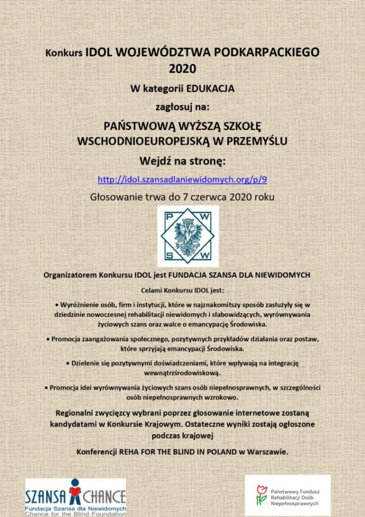 Nominacja dla PANS w Przemyślu w konkursie IDOL WOJEWÓDZTWA PODKARPACKIEGO 2020