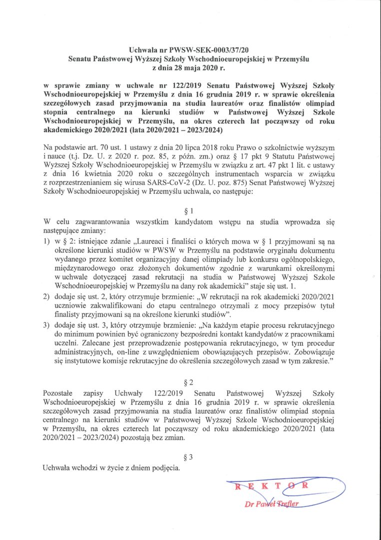 Informacja dla laureatów oraz finalistów olimpiad – Uchwała Senatu PANS w Przemyślu z dnia 28 maja 2020 r.