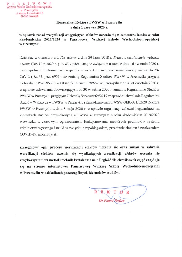 Komunikat Rektora PANS w Przemyślu z dnia 1 czerwca 2020 r.