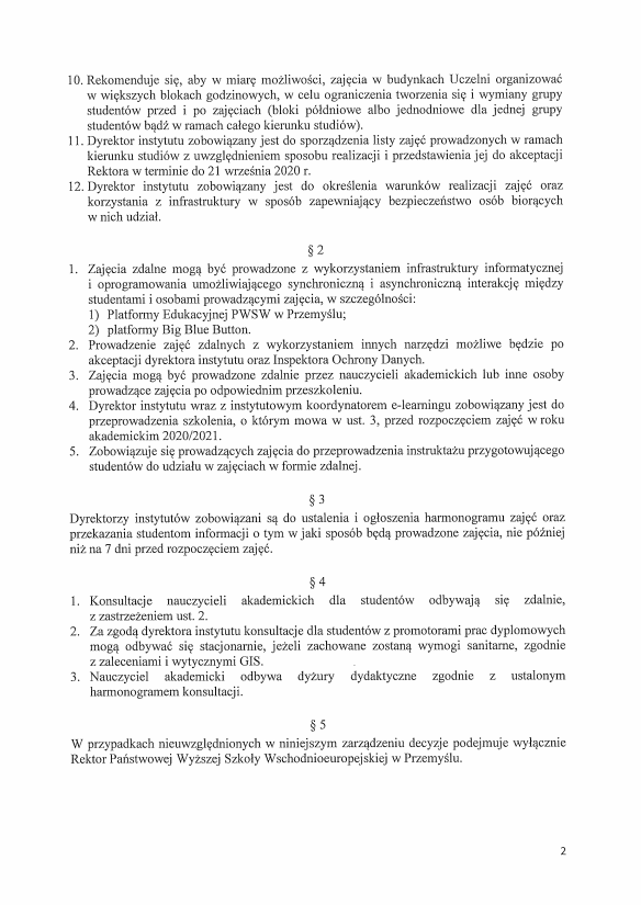 Zarządzenie Rektora PANS w sprawie organizacji zajęć dydaktycznych