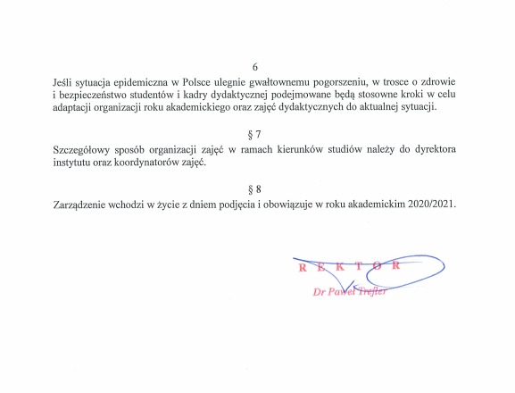 Zarządzenie Rektora PANS w sprawie organizacji zajęć dydaktycznych