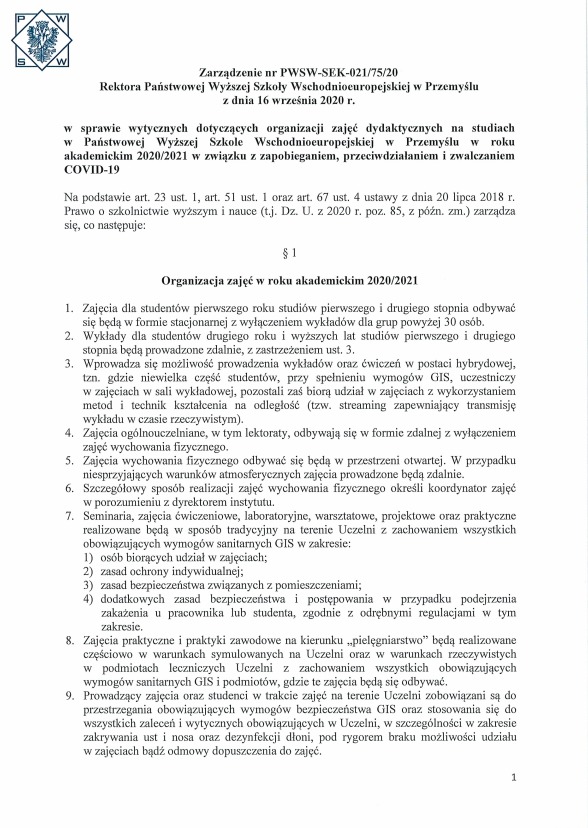 Zarządzenie Rektora PANS w sprawie organizacji zajęć dydaktycznych
