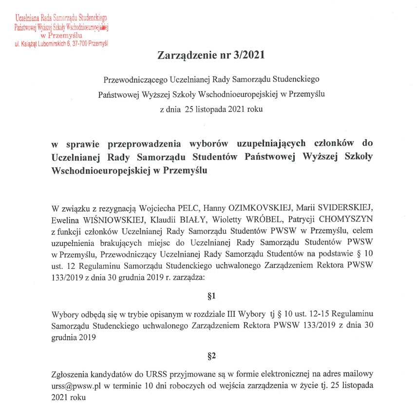 Zarządzenie Przewodniczącego Uczelnianej Rady Samorządu Studentów