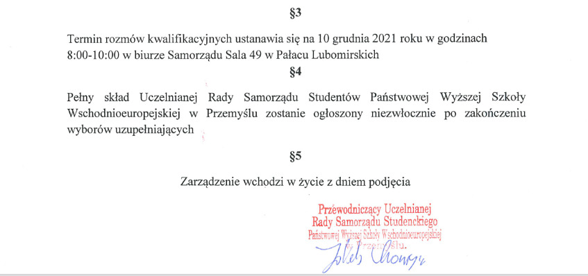 Zarządzenie Przewodniczącego Uczelnianej Rady Samorządu Studentów