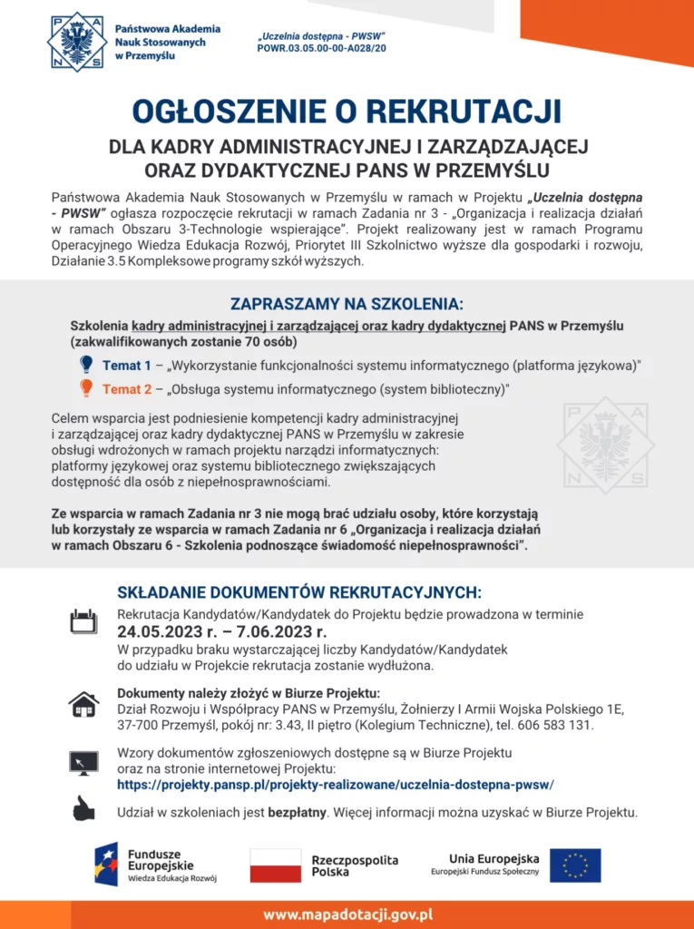 Zaproszenie do udziału w projekcie &bdquo;Uczelnia dostępna &ndash; PWSW&rdquo;