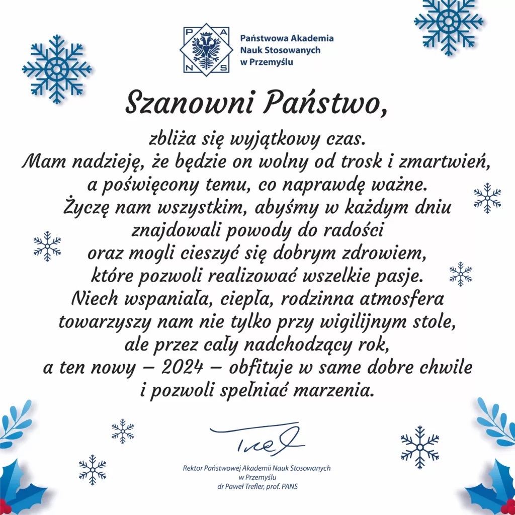 Życzenia świąteczne od JM Rektora PANS w Przemyślu