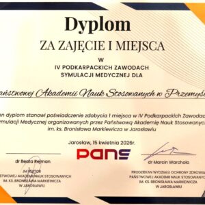 dyplom za zajęcie I miejsca dla Państwowej Akademii Nauk Stosowanych w Przemyślu