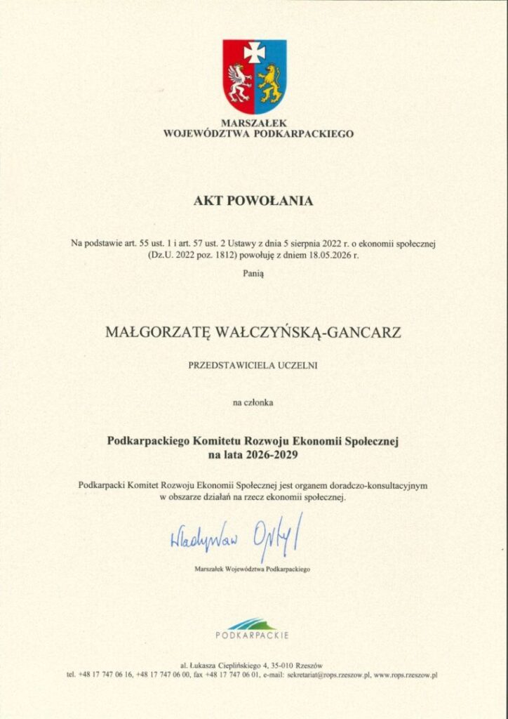 Głos naszej uczelni w Podkarpackim Komitecie Rozwoju Ekonomii Społecznej